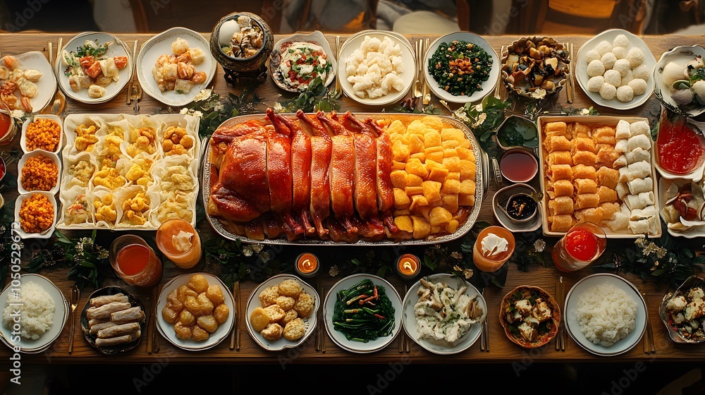 Chinese family dinner with delicious Peking duck, sticky rice cakes, and fortune cookies on a decorative New Year table Chinese family dinner with delicious Peking duck, sticky rice cakes, and fortune cookies on a decorative New Year table