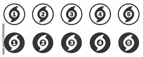 Vector icon set showing hurricane categories 1 through 5, representing storm severity levels. Ideal for weather and emergency planning.