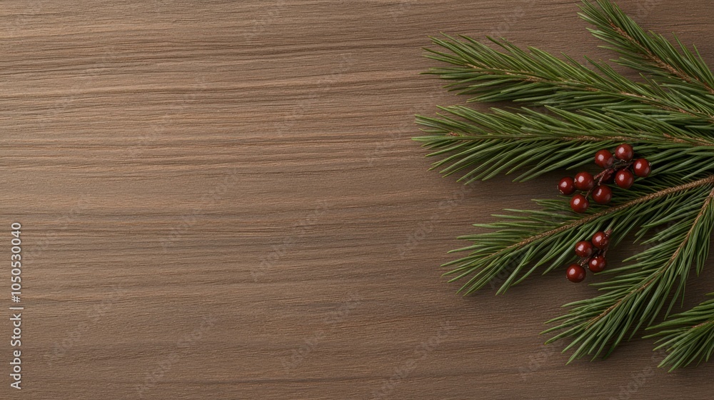 christmas Festive decoration with evergreen pine branches and red berries on a wooden backdrop christmas Festive decoration with evergreen pine branches and red berries on a wooden backdrop