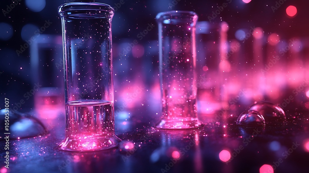 Test tube row. Concept of medical or science laboratory, liquid drop droplet with dropper in blue red tone background Test tube row. Concept of medical or science laboratory, liquid drop droplet with dropper in blue red tone background