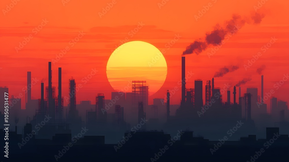 Industrial Sunset with Smoke and Factory Silhouettes Industrial Sunset with Smoke and Factory Silhouettes