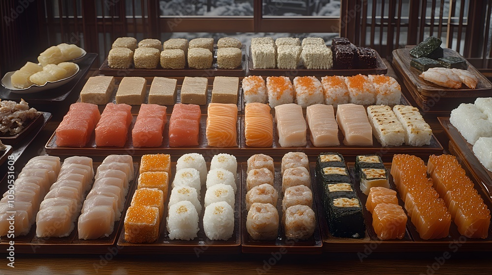 A lavish spread of symbolic New Year dishes, including rice cakes, spring rolls, and various garnished platters A lavish spread of symbolic New Year dishes, including rice cakes, spring rolls, and various garnished platters