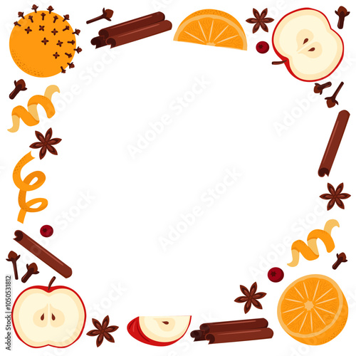 Mulled wine ingredients frame. Сitrus fruits and spices. Vector greeting card template. White background.