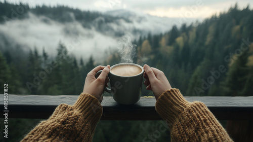 
A detailed shot of a traveler's hands holding a steaming cup of coffee, sitting on a balcony overlooking a foggy mountain range,