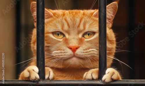 Frustrated orange cat glaring behind bars. Generative AI image