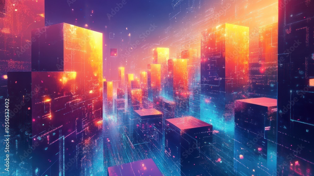 Fototapeta premium Abstract digital city with glowing skyscrapers and neon lights.