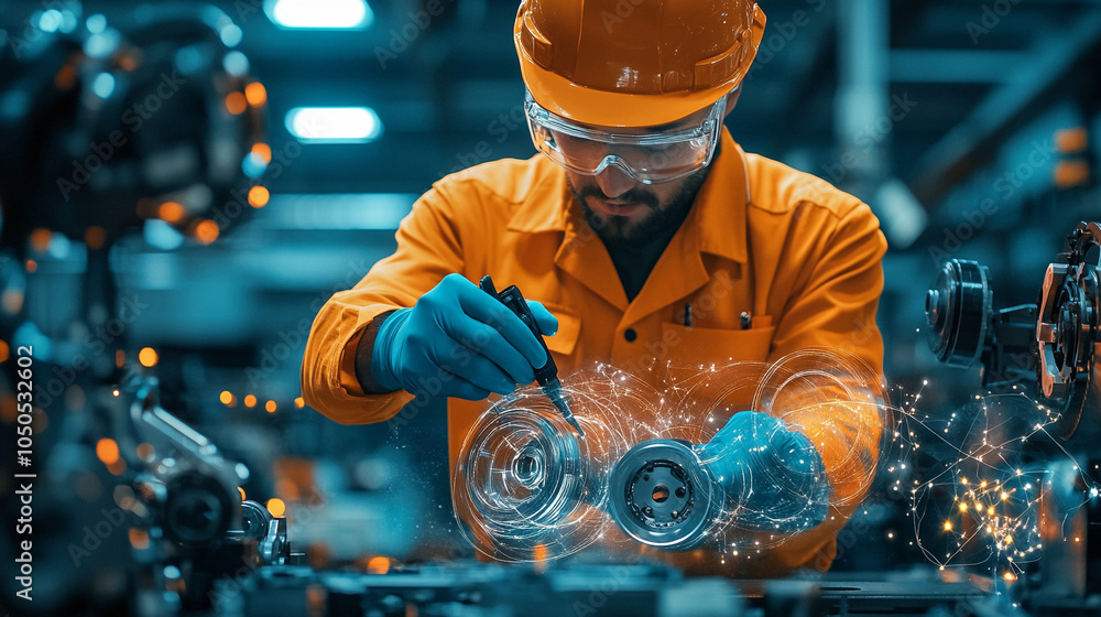 Worker conducting a visual inspection of automotive parts in a factory, automotive quality control, manufacturing inspection Worker conducting a visual inspection of automotive parts in a factory, automotive quality control, manufacturing inspection