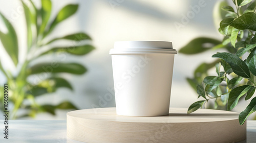  White blank coffee cup mockup on a sunny café patio with plants in the background