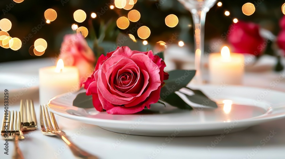 Romantic Dinner Table with Rose and Candles Romantic Dinner Table with Rose and Candles