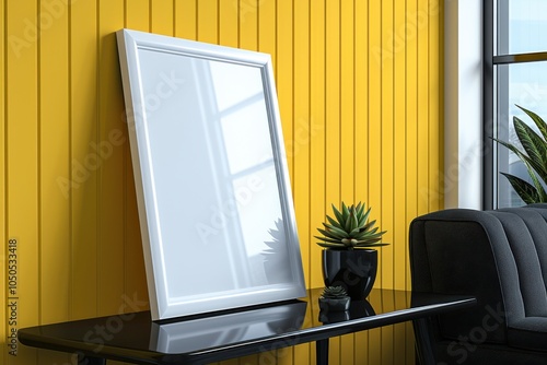 A white frame mockup on a black end table, tilted. Viewed from side angle, window reflection in frame mockup, blank white mockup, yellow wall with vertical stripes, a small black potted succulent