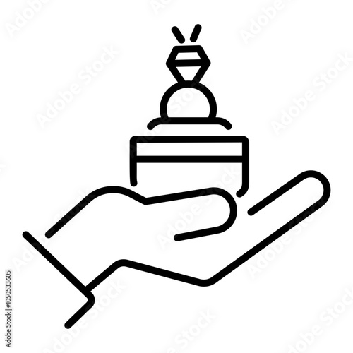 A line icon of marriage proposal by holding ring in hand 