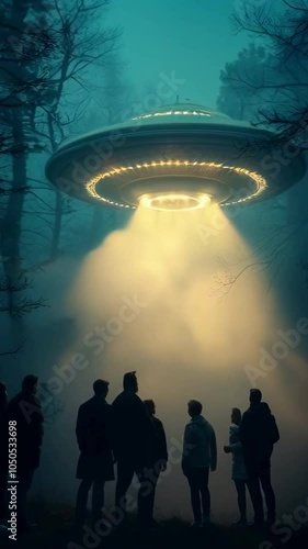 Group of people witness an illuminated UFO hovering above a misty forest clearing, emitting beams of light, vertical video