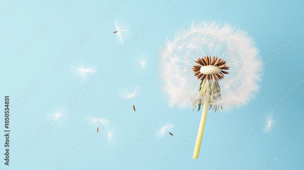 Fototapeta premium The soft, airy texture of a dandelion puff, with delicate seeds, floating in the wind, 