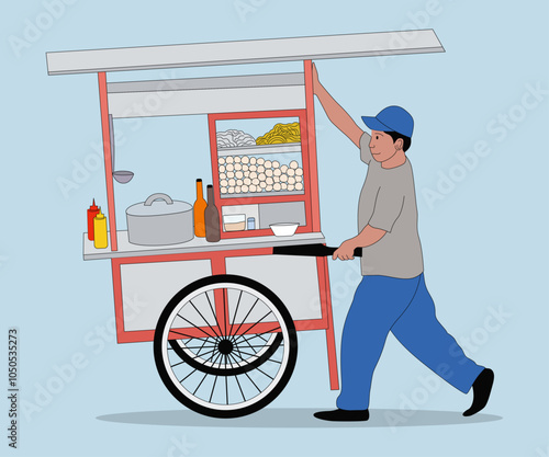 Illustration of Traditional Indonesian Food Bakso Seller