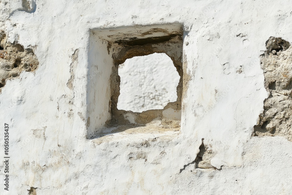 A window in a white wall with a hole in it A window in a white wall with a hole in it