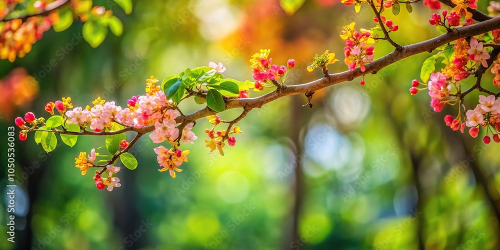 High angle view of Krishna Chura tree with flowers and leaves in foreground isolated High angle view of Krishna Chura tree with flowers and leaves in foreground isolated
