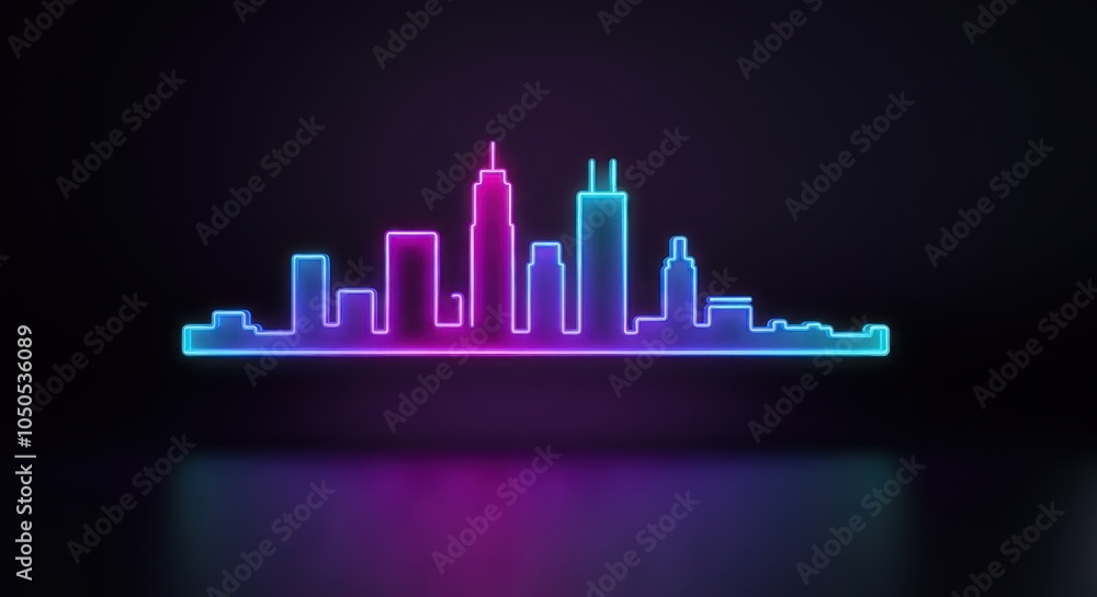 Neon pink and blue city skyline silhouette on black background Neon pink and blue city skyline silhouette on black background