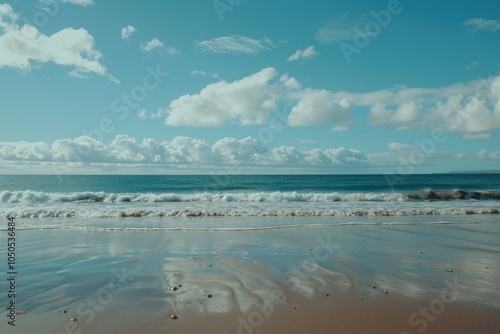 A person walking along the beach carrying a surfboard, great for travel or adventure themes photo