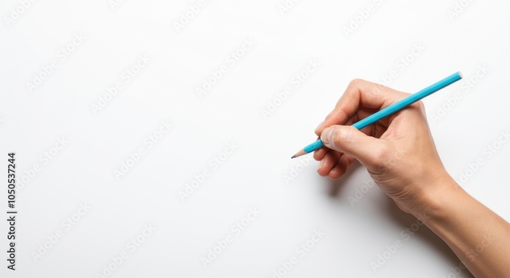Hand holding blue pencil on blank white surface Hand holding blue pencil on blank white surface