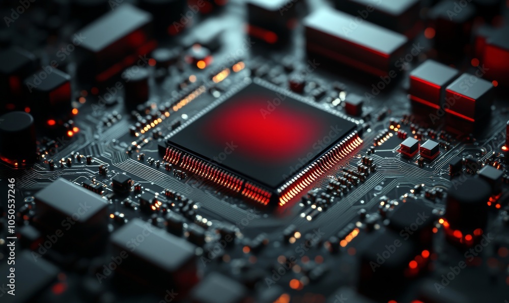 Detailed close-up of advanced integrated circuit board with prominent red processor chip, showcasing modern technology and microelectronics engineering, Generative AI Detailed close-up of advanced integrated circuit board with prominent red processor chip, showcasing modern technology and microelectronics engineering, Generative AI