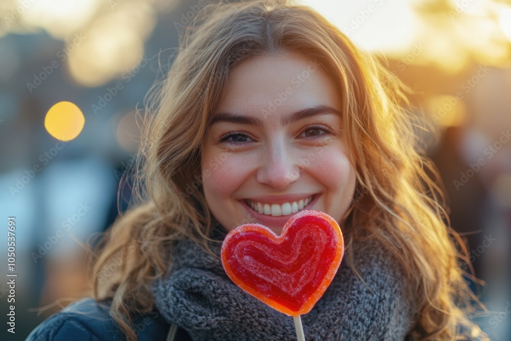 A woman holds a heart-shaped lollipop in front of her face, a sweet and playful moment A woman holds a heart-shaped lollipop in front of her face, a sweet and playful moment