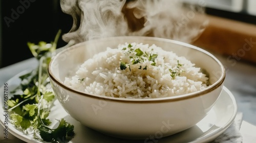 Steaming White Rice with Fresh Herbs in Bowl