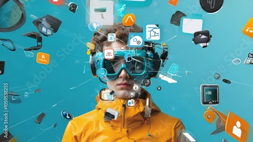 Immersed in digital world, youth explores modern technology through futuristic goggles, surrounded by innovation icons and enhanced connectivity for brighter future.