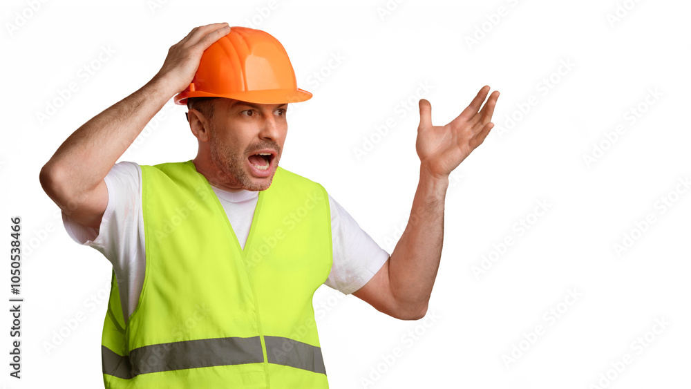 Building Problems. Angry Construction Foreman Worker Shouting Touching Hardhat Helmet And Gesturing Looking Aside Standing Over White Studio Background. Panorama, Copy Space Building Problems. Angry Construction Foreman Worker Shouting Touching Hardhat Helmet And Gesturing Looking Aside Standing Over White Studio Background. Panorama, Copy Space