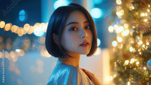 Half body shot of a Chinese woman with a short bob haircut, wearing a silver blouse, pointing to the righ side, standing near an office reception desk decorated with holiday lights, copy space  photo