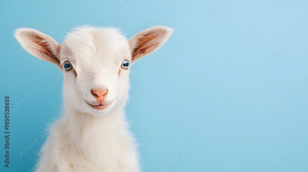 Fototapeta premium Baby Goat on Blue Background Close Up