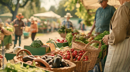  Verduras frescas y coloridas en canastas y cajas en un mercado al aire libre, con personas en segundo plano y ambiente cálido y soleado.

