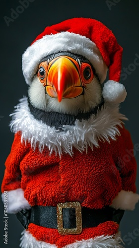 Festive Anthropomorphic Toucan in Santa Claus Costume Celebrating Christmas - Holiday Cheer and Whimsical Wildlife Theme, Generative AI photo