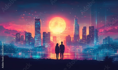 Couple Admiring Futuristic Cityscape at Night with Glowing Buildings and Light Beams, Cyberpunk Digital Art Illustration, Romantic Evening in Sci-Fi Urban, Generative AI