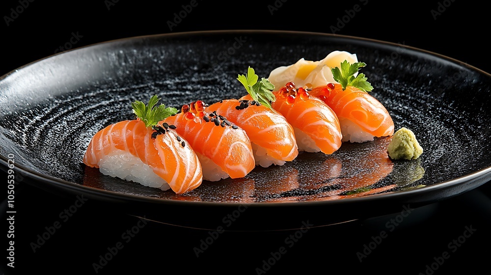 A dark ceramic plate featuring salmon nigiri sushi with delicate garnishes of wasabi and pickled ginger, reflections on the glossy surface creating a dramatic effect, A dark ceramic plate featuring salmon nigiri sushi with delicate garnishes of wasabi and pickled ginger, reflections on the glossy surface creating a dramatic effect,