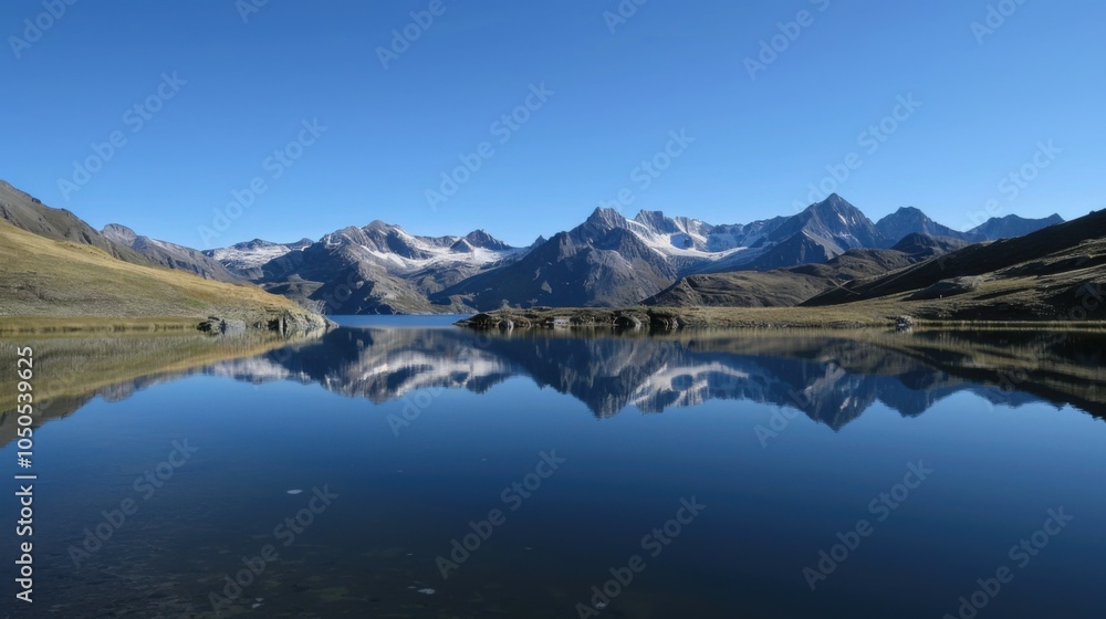A serene mountain lake reflecting snow-capped peaks under a clear blue sky, Alpine setting with pristine nature, Tranquil style A serene mountain lake reflecting snow-capped peaks under a clear blue sky, Alpine setting with pristine nature, Tranquil style