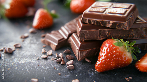  Barras de chocolate negro acompañadas de fresas frescas sobre una superficie oscura photo