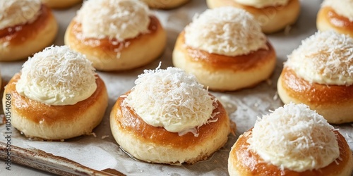 Wallpaper Mural Freshly baked buns topped with cream cheese and shredded coconut on a baking tray with parchment Torontodigital.ca