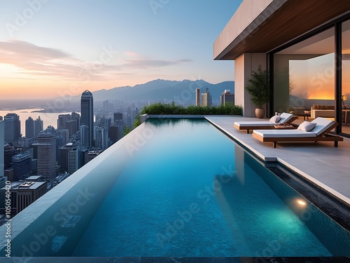 Infinity swimming pool of a luxury modern house that overwatch the beautiful city view photo