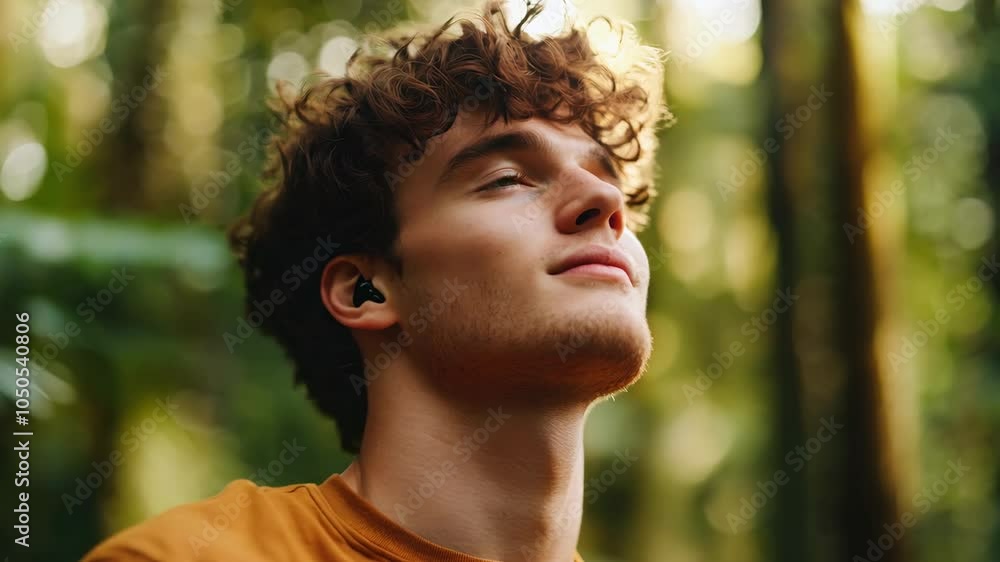 Young man in forest enjoys relaxation and tranquility while listening to music with wireless earbuds, surrounded by lush greenery and beauty of nature. Young man in forest enjoys relaxation and tranquility while listening to music with wireless earbuds, surrounded by lush greenery and beauty of nature.