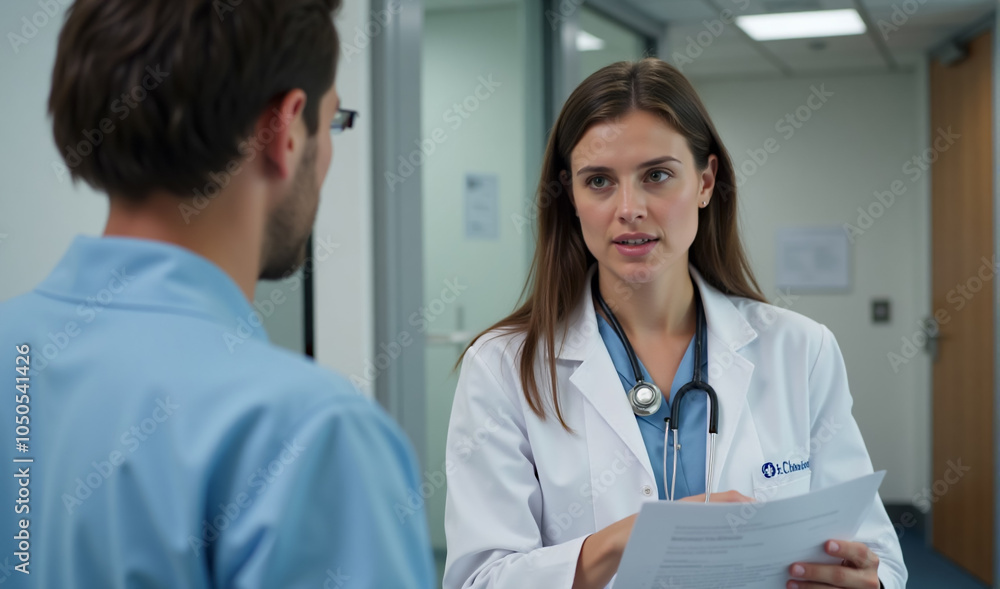 A close-up of a woman doctor in conversation with a colleague, reviewing a medical report. Her expression is serious and engaged, and she holds the report in one hand while gesturing with the other A close-up of a woman doctor in conversation with a colleague, reviewing a medical report. Her expression is serious and engaged, and she holds the report in one hand while gesturing with the other