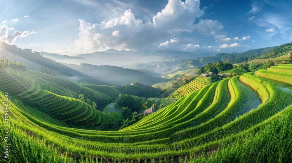 Fototapeta premium A serene rice terrace cascading down lush green hills under a clear sky, Rural setting with agricultural beauty, Serene style