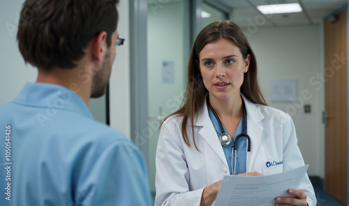 A close-up of a woman doctor in conversation with a colleague, reviewing a medical report. Her expression is serious and engaged, and she holds the report in one hand while gesturing with the other