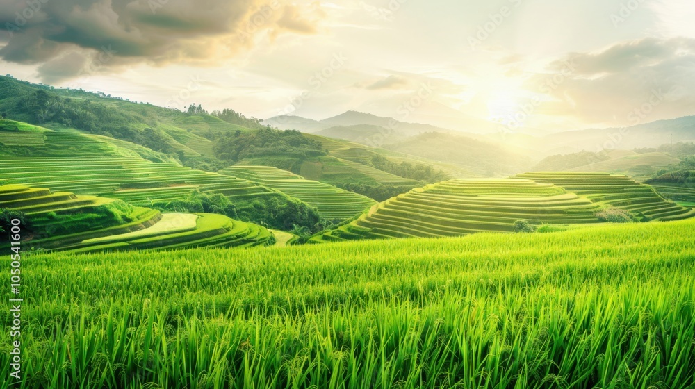 A serene rice terrace cascading down lush green hills under a clear sky, Rural setting with agricultural beauty, Serene style A serene rice terrace cascading down lush green hills under a clear sky, Rural setting with agricultural beauty, Serene style