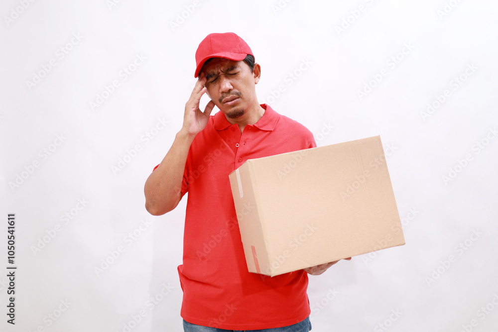 Asian delivery courier in red t-shirt and cap having headache while carrying a box package. isolated over white background Asian delivery courier in red t-shirt and cap having headache while carrying a box package. isolated over white background