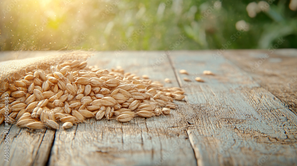 Obraz premium Organic wheat grains, scattered on rustic surface, 3D illustration, clean and clear design