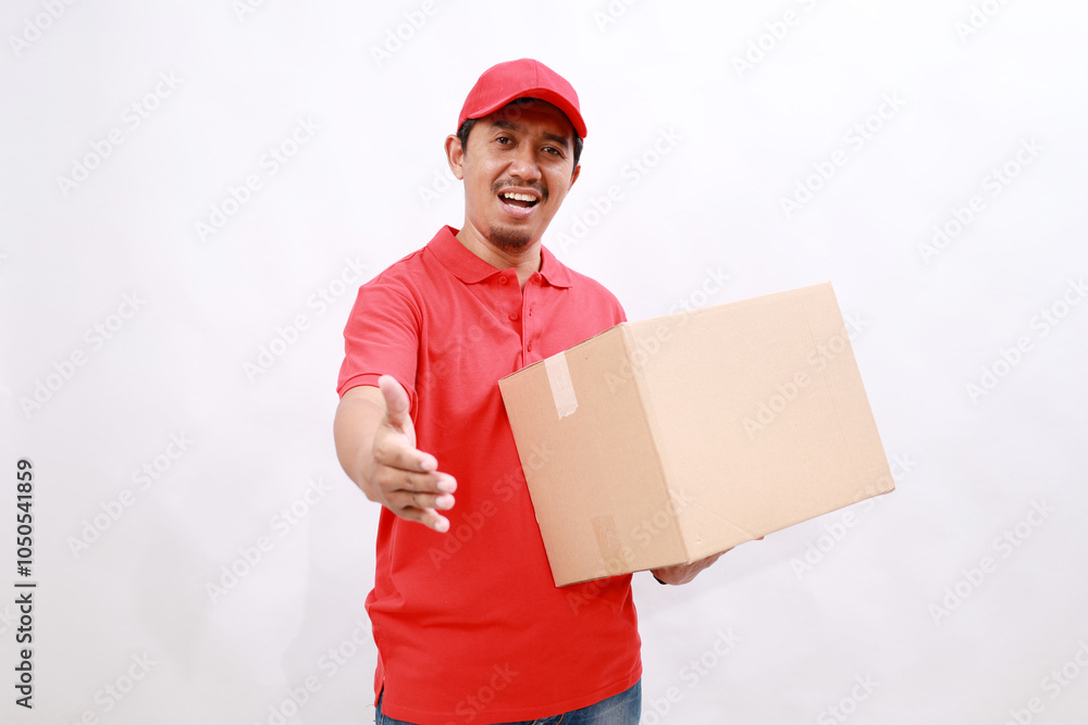 Friendly Asian delivery courier in red t-shirt and cap carrying a box package while offering his hand. isolated over white background Friendly Asian delivery courier in red t-shirt and cap carrying a box package while offering his hand. isolated over white background