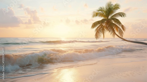 A serene sunrise over a tranquil beach with gentle waves and a lone palm tree, tropical setting with soft morning light, Peaceful style