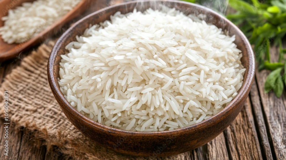 Fresh Steaming Cooked Rice in a Wooden Bowl Fresh Steaming Cooked Rice in a Wooden Bowl