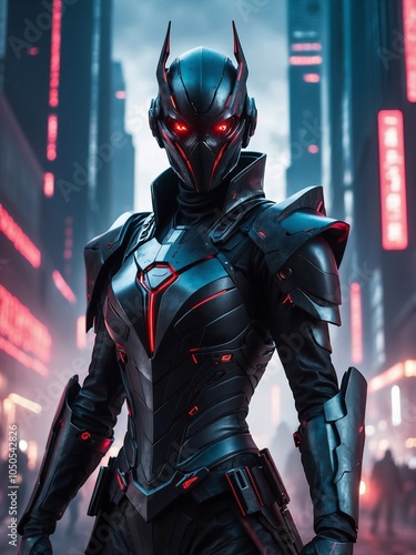 Cyberpunk Warrior with Glowing Red Eyes in Futuristic City photo