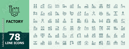 Factory line icon collections. Contains such icons as technician, manufacturer, machine, production, machinery, manufacturing and more. Minimalist thin linear icon. Vector outline icons Collection.